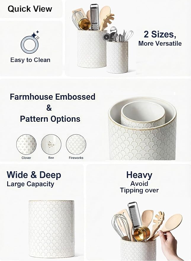 LE TAUCI Utensil Holder for Kitchen Counter - 7.1"+5.4" Ceramic Kitchen Utensil Holder Set of 2, Large Cooking Utensil Crock & Organizer for Spatula, Spoon - Embossed Kitchen Decor, White,Fireworks