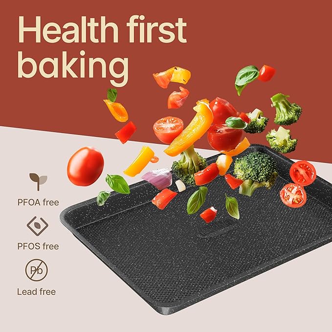 BAKKEN Kitchen Baking Pans - Small, Medium, and Large Cookie Pan (13.58×9.65, 15.75×11, 17.91×12.60), Nonstick, Diamond Texture Bottom, PFOA, PFOS, PTFE Free, Oven Safe (450°F), Pack of 3, Gray Marble