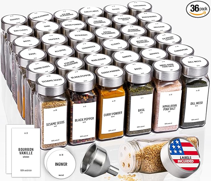 Deco haus Glass Spice Jars with Label 36x4oz [WHITE LABELS incl] Spice Containers with Labels, Shaker Lids & Funnel - Empty Herb Seasoning Containers, Small Seasoning Bottles for Herb with Lid