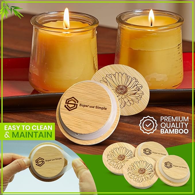 Oui Yogurt Jar Lids – Choose a Design, 4-24 pcs, Silicocne, or Stainless Steel | Airtight Lids That Fit Yoplait Oui Glass Jars | Eco Replacement Tops with Silicone Gasket | Bamboo Aster Flower 4 Pack
