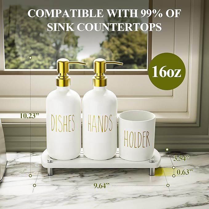 Cisily Kitchen Soap Dispenser Set Comes with Ceramics Sponge Holder, Gold Pumps, and Instant Dry Tray, Hand and Dish Soap Dispenser Set (4, Gold + White + Brush Holder)