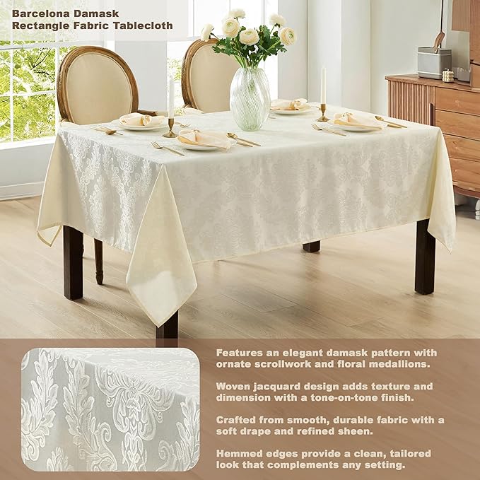 Newbridge Barcelona Luxury Damask Fabric Tablecloth, 70” Extra Wide x 90” Rectangle, Antique White, 100% Polyester, No Iron, Soil Resistant Dining Room, Party and Banquet Table Cover