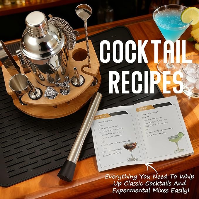 Silicone Pad Included Cocktail Shaker Set Bartender Kit,Mixology Bartender Kit 13-Piece with Bamboo Stand,Martini Shaker Kit with All Essential Accessory Tools for Drink Mixing Gift for him or her