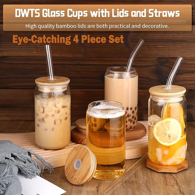 DWTS DANWEITESI Glass Cups with Lids and Straws 4 pcs,16oz Drinking Glasses Set for Coffee Bar Accessories,Iced Coffee Cups with Lids,Matcha Cup Glass Tumbler Reusable for Gifts