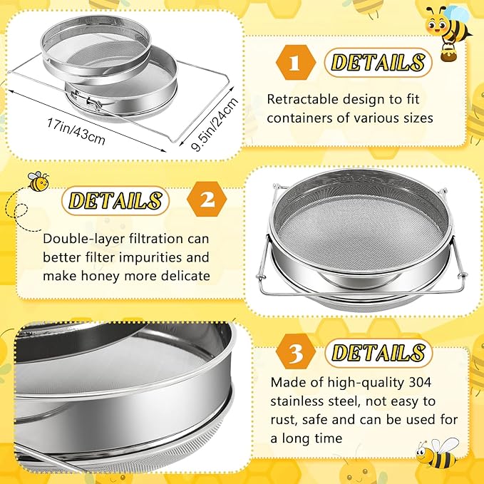 Threehoney 3 Gallon Honey Bucket with Spigot and Stainless Steel Filters Set Honey Extractor Equipment Food-Grade Bucket with Spigot for Bee Keeping Supplies Extracting Storage (White,3 Gallon)
