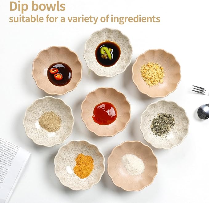 Dipping Bowls Set of 8, Ceramic Soy Sauce Dishes, 3 oz Dipping Sauce Cups, chrysanthemum Round Small Side Dish Dishes for Dipping Sushi Tomato Soy Sauce Dish Condiment Finger Bowls