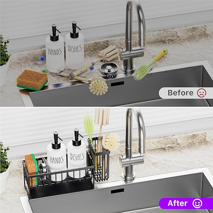 MASADI Kitchen Dish Soap Dispenser Set with Sponge Holder, 12OZ Glass Bottle, Hand and Dish Soap Dispenser Set, Non-Slip Silicone Pad, Brush Holder, Kitchen Sink Organizer Countertop (Black+White)
