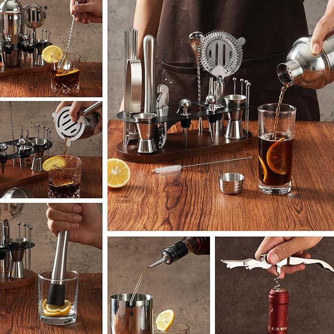 23-Piece Bartender Kit, Cocktail Shaker Set with Stand | Bar Set Drink Mixer Set with All Essential Bar Tools: Martini Shaker,Bar Mixer Spoon, Jigger, Strainer, Muddler, Pourers, for Home, Bar, Party