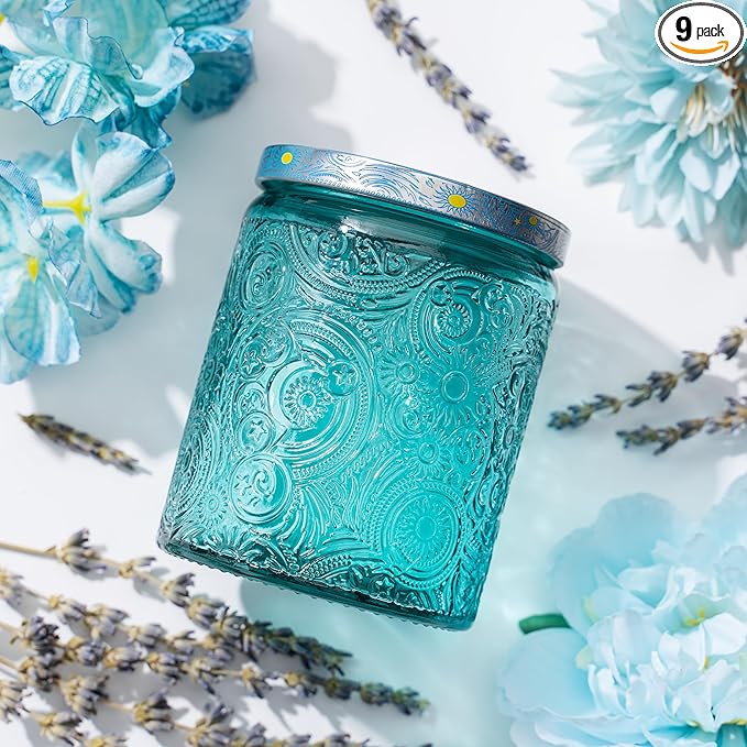 Art Secret 9-Pack 8oz Embossed Glass Candle Jars with Lids and Labels - Sun Moon Stars Design (Blue)