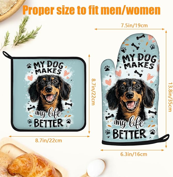 Life is Better with Dogs Oven Mitts and Pot Holders Sets 4Pcs Silicone Non-Slip Mitts Heat Resistant Gloves Hot Pads for Kitchen Cooking Baking Grilling BBQ