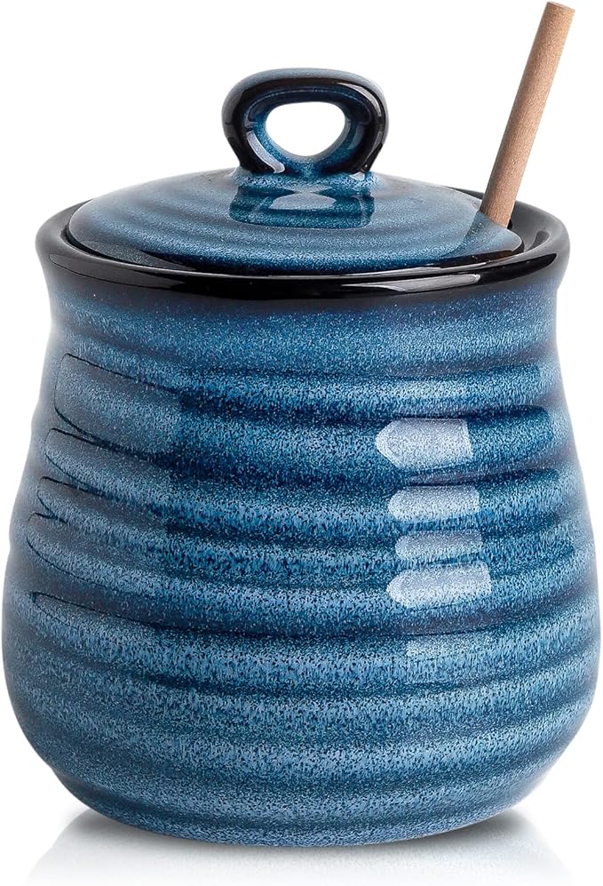 HASENSE Ceramic Honey Pot with Lid, 12 Ounce HoneyJar with Wooden Dipper, Honey Dipper Stick and Jar Set, Cute Small Container for Christmas Thanksgiving Gift, Dishwasher Safe, Blue
