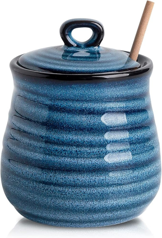 HASENSE Ceramic Honey Pot with Lid, 12 Ounce HoneyJar with Wooden Dipper, Honey Dipper Stick and Jar Set, Cute Small Container for Christmas Thanksgiving Gift, Dishwasher Safe, Blue