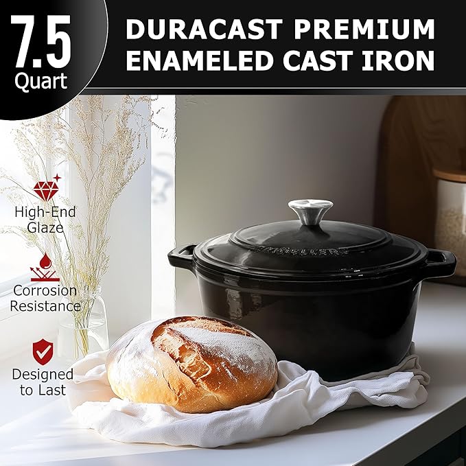 MUELLER HOME 7.5 QT Enameled Cast Iron Dutch Oven, Heavy-Duty, Oven-Safe up to 500° F & Across All Cooktops, Casserole Dish and Braiser Pan with Lid and Stainless Knob, Black