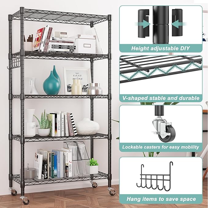 Himimi 5-Tier Storage Shelf Wire Shelving Unit on Wheels Heavy Duty Metal Shelves Adjustable Steel Rack Organization for Kitchen Garage Basement, Black