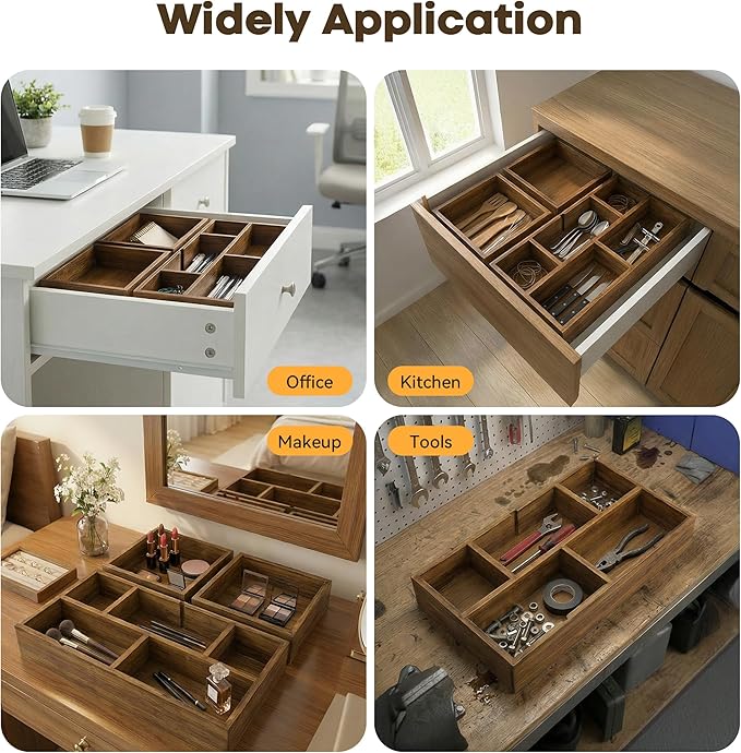 KOCWELL Bamboo Desk Drawer Organizer with Removable Dividers,Multi-Use Office Drawer Organizer Tray,Junk Drawer Organizers for Office,School,Kitchen,Makeup Supply（Carbon Brown）