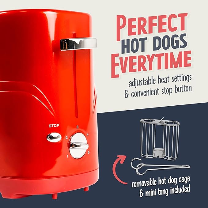 Nostalgia HDT600RETRORED Retro Pop-Up 2 Hot Dog and Bun Toaster, With Mini Tongs, Works With Chicken Dogs, Turkey Dogs, Veggie Links, Sausages and Brats