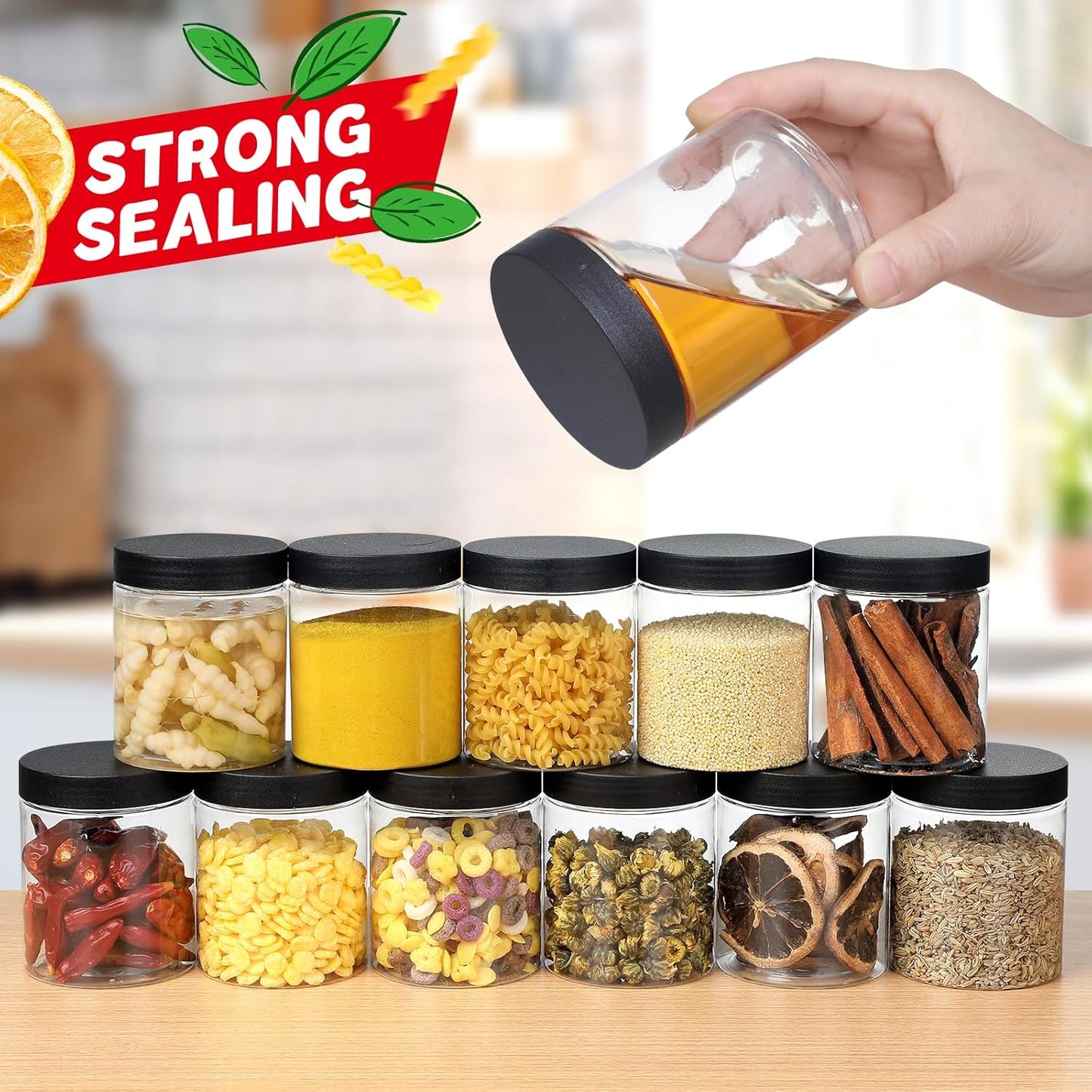 48 PCS 8 OZ Plastic Jars with Screw On Lids,Labels Refillable Empty Round Slime Containers for Storing Dry Food, Honey Jam, Cream, Butter, Lotion, black