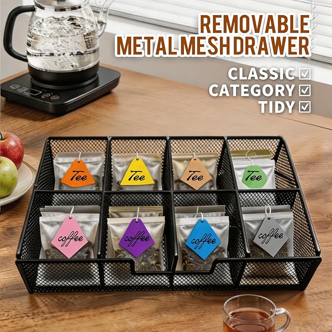 Tea Bag Organizer With Adjustable Drawer, Teabag Bar Holder Organizer For Counter, Wood ＆ Metal Station Storage Chest Display, Coffee Packet Containers Box For Countertop Kitchen Office Rustic Brown