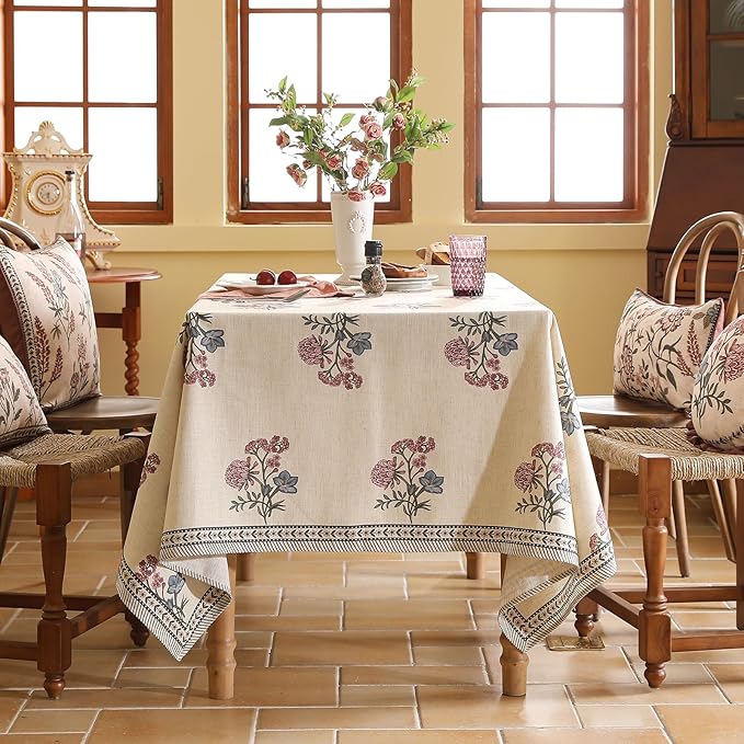 ISAENNE Designer Linen Light Beige Small Rectangle Tablecloth,French Colorful Floral Table Cloth,Stain Resistant Decor Tablecloths for Dining Thanksgiving Christmas Kitchen,55"*71"-Helena E