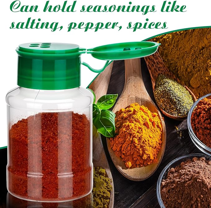 Amyhill 100 Pcs Plastic Spice Bottles Spice Jars with Green Cap Seasoning Jars Shaker 2 Oz/ 60ml Clear Bottle Containers with Shaker Lids for Storing for Spices, Herbs, Powders, Glitters Supplies