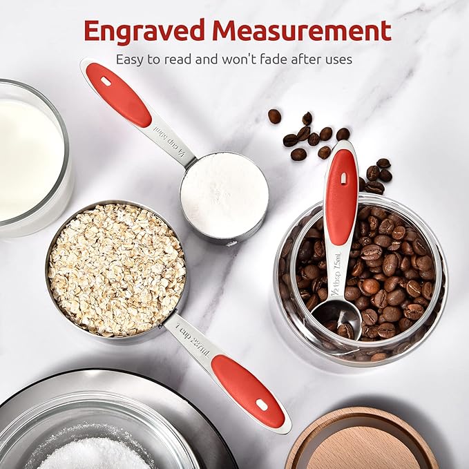 Measuring Cups and Spoons Set: U-Taste 18/8 Stainless Steel 10 Pieces Metal Stacking Kitchen Baking Cooking Food Measure Set 5 Cups 5 Spoons with Strengthened Weld Joints (Red Upgraded Version)
