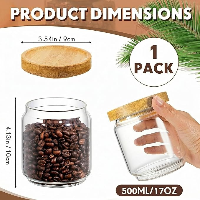 Irenare 1 Pack Glass Containers Canister Set, 17 oz Food Storage Spice Jars with Airtight Lids, Clear Kitchen Containers for Coffee Sugar Tea Beans Nuts Candy Pantry Organization (Bamboo)