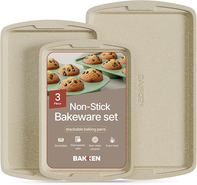 Bakken Swiss Cookie Sheet 3 Piece Set - Non-Stick, Stackable Baking Pans, White marble Deluxe Ceramic Coating – Dishwasher Safe - for Home Baking