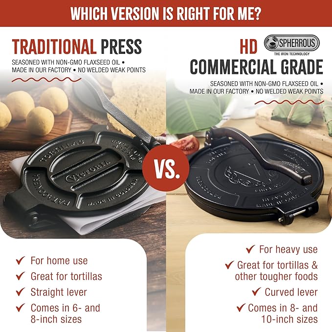 Victoria 8-Inch Cast Iron Tortilla Press HD Spherrous, Commercial-Grade Cast Iron Tortilla Maker, Roti Press, Pataconera Seasoned with Flaxseed Oil, Made in Colombia, Black