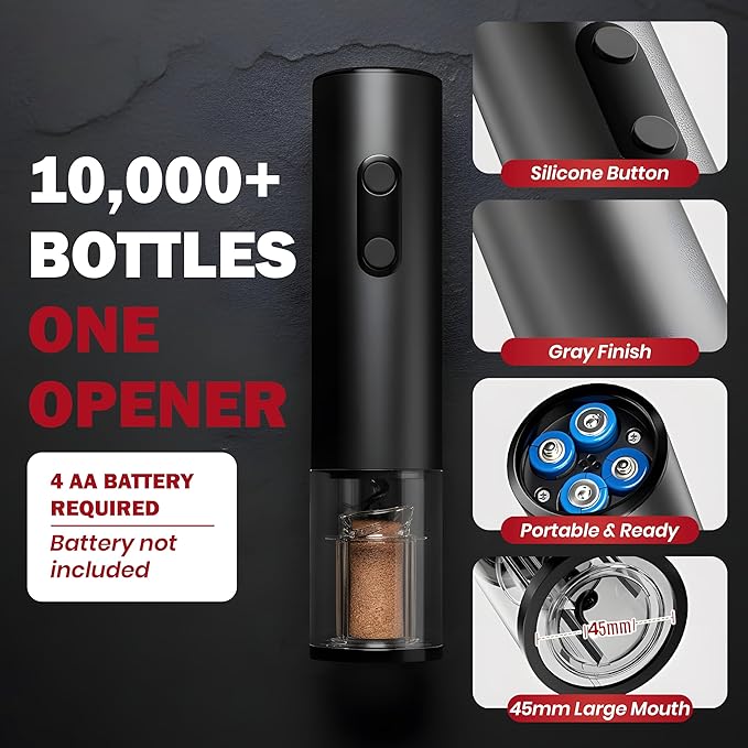 BLIVORRA-Electric Wine Opener Set – 5-in-1 Battery Operated Corkscrew with Foil Cutter, Wine Pourer, Stopper & Storage Stand – Great Gift for Wine Lovers (Matte Black)