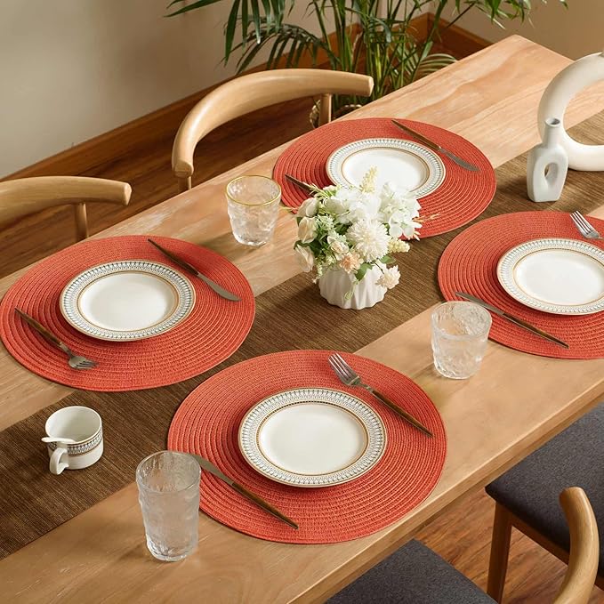 FunWheat Round Braided Placemats Set of 6 Place mats for Dining Tables Woven Heat Resistant Table Mats 15 inch (Dark Orange)