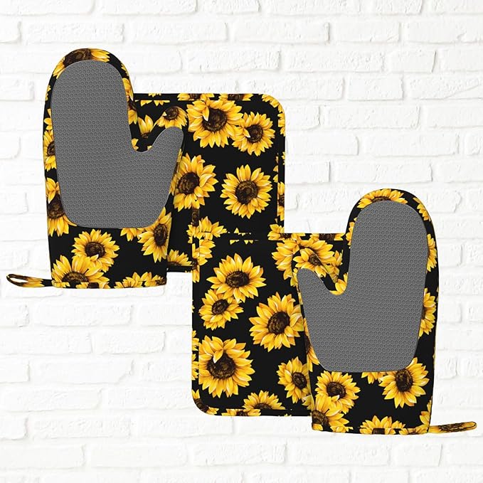 Pretty Sunflower Stylish Oven Mitts and Pot Holders Sets of 4, Heat Resistant Silicone Oven Mittens and Potholders Gloves Hot Pads for Kitchen Cooking Baking Grilling BBQ Chef
