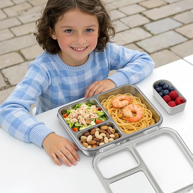 Stainless Steel Bento Box for Kids, 3-Compartment Metal Lunch Box with Clear Lid & Removable Silicone, Lunch Box Kids with Silicone Inner Container for Meal Prep, School, Office (Grey)