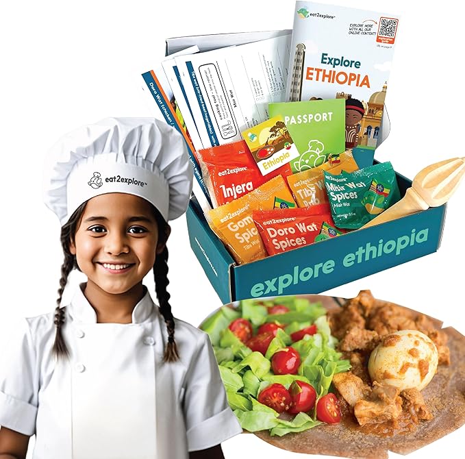 eat2explore Cooking Kits for Kids 14 Pcs – Interactive & Educational Kids Cooking Sets Real for Ages 5 and Up,3 Recipe Cards & Global Ingredients – Perfect for Families and Homeschooling (Ethiopia)