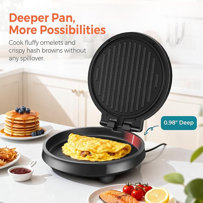 3-in-1 Electric Griddle & Panini Press - CACHOO 8" Nonstick Round Griddle and Sandwich Press with On/Off Switch, 180° Open Design, Perfect for Pancakes, Omelettes, Quesadillas, Veggies (Black)