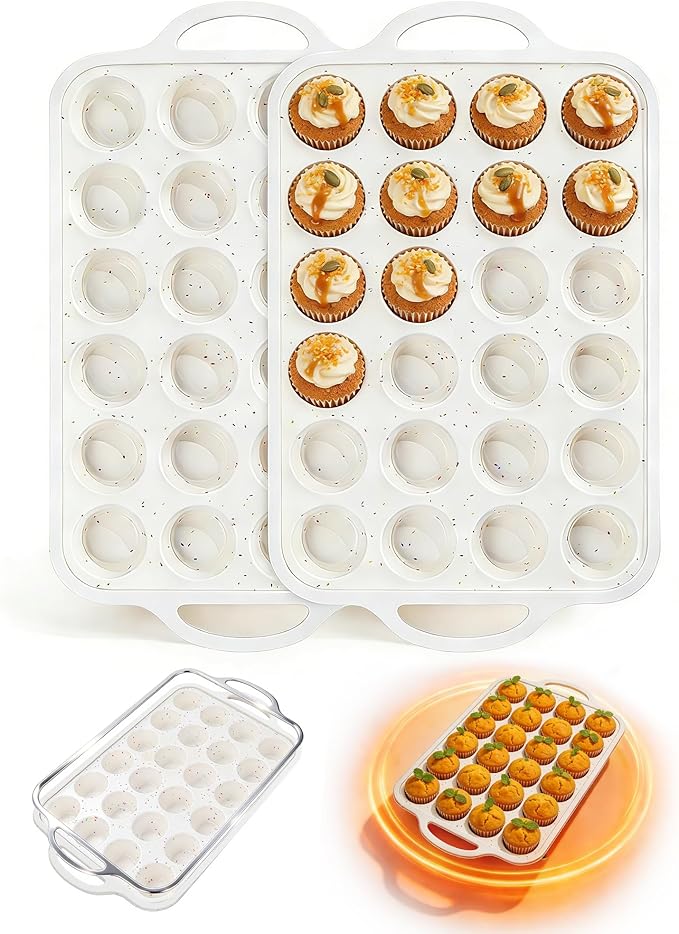Silicone Muffin Pans With Metal Reinforced Frame - 24 Cups Durable Silicone Baking Pan for Muffins, Cupcakes, BPA Free and Dishwasher Safe - Beige with Rainbow Spots, Set of 2
