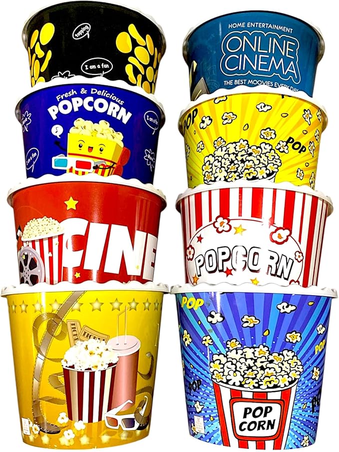 Modern Style Reusable Plastic Popcorn Box/Popcorn Containers/Popcorn Bowls Set for Movie Theater Night - (BPA Free - 8 Pack - 75 oz) (Mix 8-U)