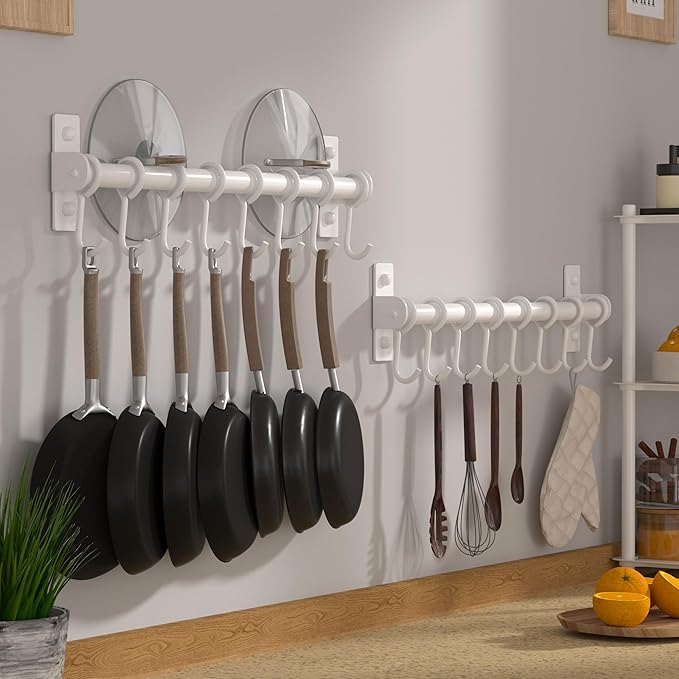 Dseap Kitchen Hooks for Hanging Utensils, Hanging Pot Rack, Kitchen Utensil Hanger Rail with 8 Hooks for Pots Pans, Spoons, Mugs, Wall Mounted, Stainless Steel, White, Pack of 2