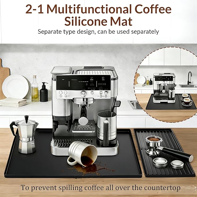 4-in-1 Silicone Coffee Mat Set for Ninja Luxe Cafe Espresso Machine ES601/ ES701,24×16"Coffee Bar Mat with Raised Edge+Top Mat+Espresso Tamper Mat,Anti-Slip Heat-Resistant Waterproof Coffee Accessorie