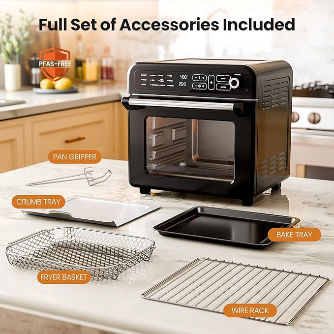 Kismile 18QT Air Fryer Toaster Oven Combo, 12-in-1 Countertop Convection Airfryer Oven, Adjustable 70–450℉ Temperature, Bake, Reheat & Broil, Fits 8-10″ Pizza, Complete Accessories Included, Black