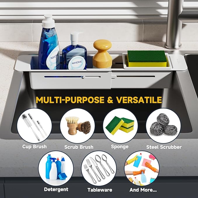 NiHome Extendable Over Sink Kitchen Organizer, Small Telescopic Brush Storage Rack for Sponge, Non-Slip Pads Expandable Sink Caddy, Adjustable Sponge/Brush Rack with Drainage Durable ABS (Gray)
