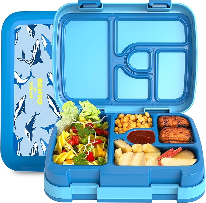 YOLAY Bento Box for Kids Lunch Box Leak-Proof, 5-Compartment Lunch Box Kids for Ages 3-10, Durable with Anti-Slip Base, Suitable for Schools, Outdoor and Travel (Sharks)
