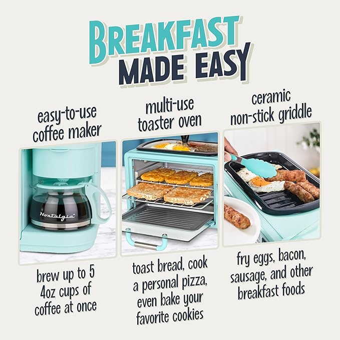 Nostalgia 3-in-1 Retro Breakfast Station - Includes 5 Cup Coffee Maker, Non-Stick Ceramic Griddle, and 4-Slice Toaster Oven - Built-In Timer, Reusable Coffee Filter, Space-Saving Design - Aqua
