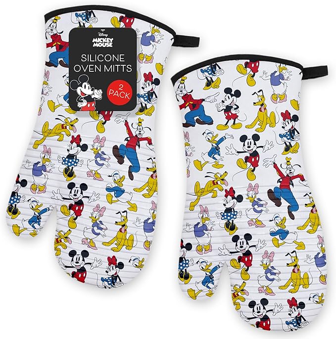 Disney Silicone Oven Mitts Heat Resistant – Set of 2 Long Cuff Cotton Kitchen Mitts with Silicone Grip Stripes, Cute Oven Mitts & Pot Holders for Cooking, Baking & Kitchen Essentials –Mickey & Friends