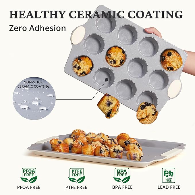 BRONYPRO Ceramic Muffin Pan, 12-Cup Nonstick Aluminized Steel Cupcake Pans, Healthy Non-Toxic Ceramic Coating Muffin tin, 2 Pack Cup Cake Pans for Baking Cream