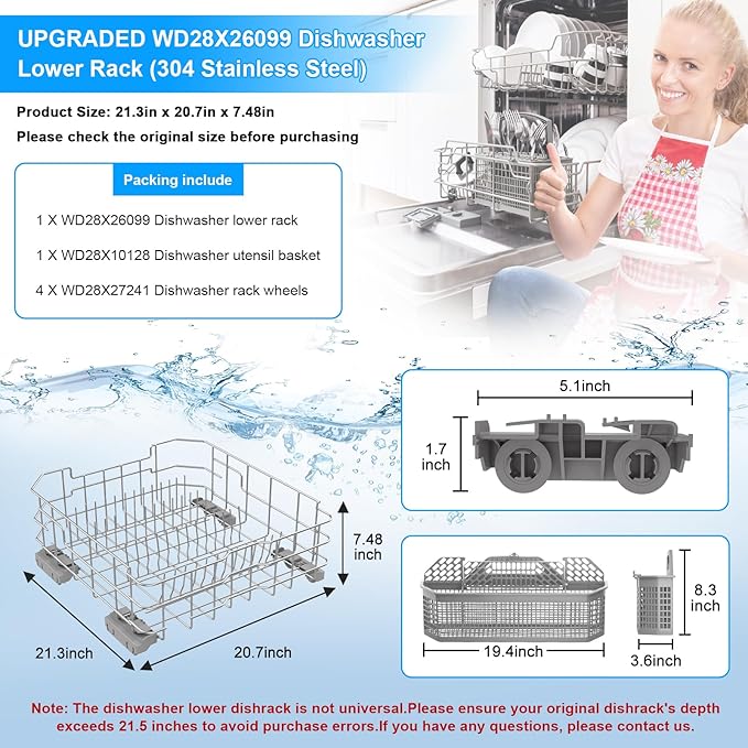 UPGRADED WD28X26099 Dishwasher Lower Rack Compatible with GE Dishwasher Rack Replacement Parts with Wheel,WD28X26099 WD28X34744 304 Stainless Steel GE Dishwasher Lower Rack Part and Silverware Basket