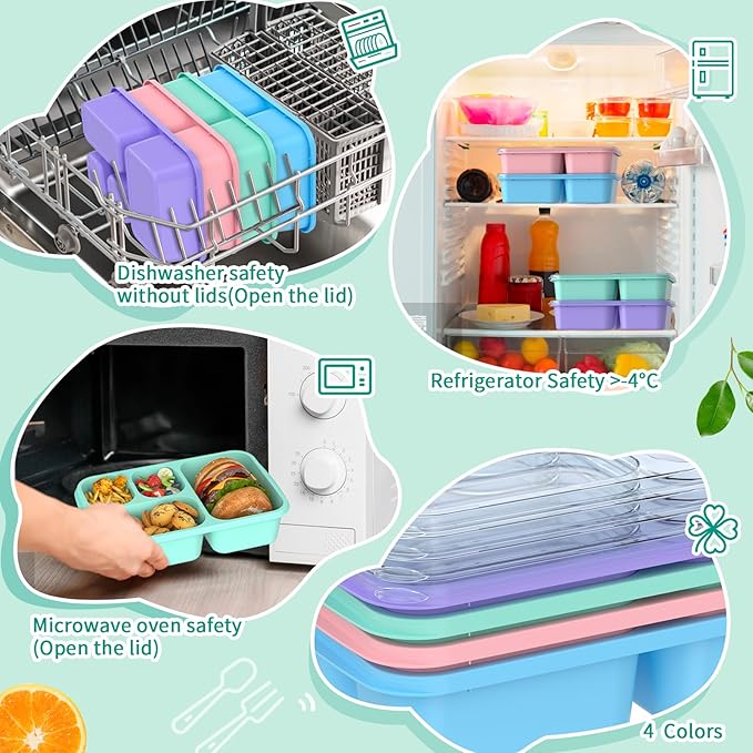 Bento Lunch Box - 4 Pack, 4-Compartment Meal Prep Containers, Adult Bento Box, Microwave & Dishwasher Safe (PP(Blue))