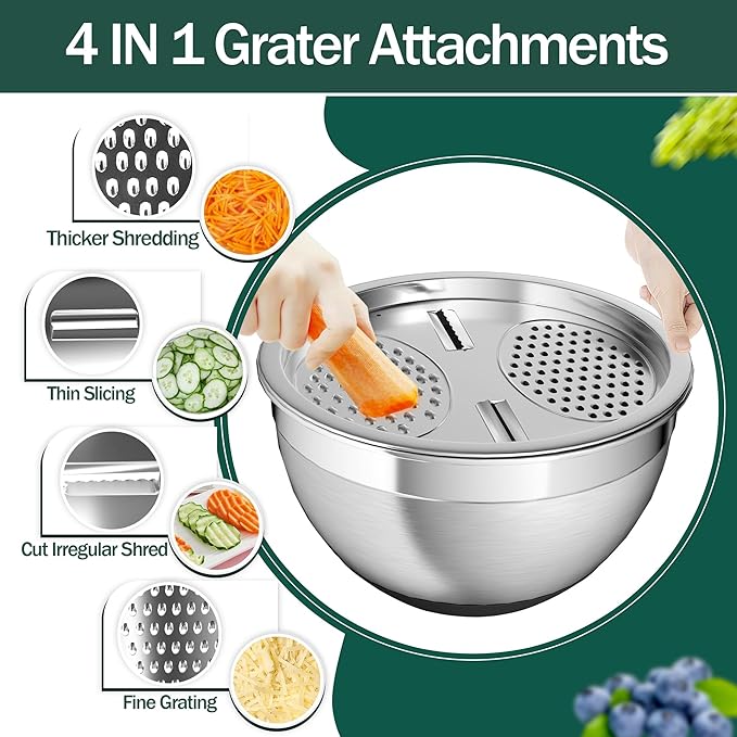 Nicdiet Mixing Bowls with Airtight Lids, Stainless Steel Mixing Bowl Set with 3 Metal Nesting Bowls, Colander & Grater, Non-Slip Bottoms, Size 1.5, 2.5, 5 QT, Great for Mixing & Serving, Black