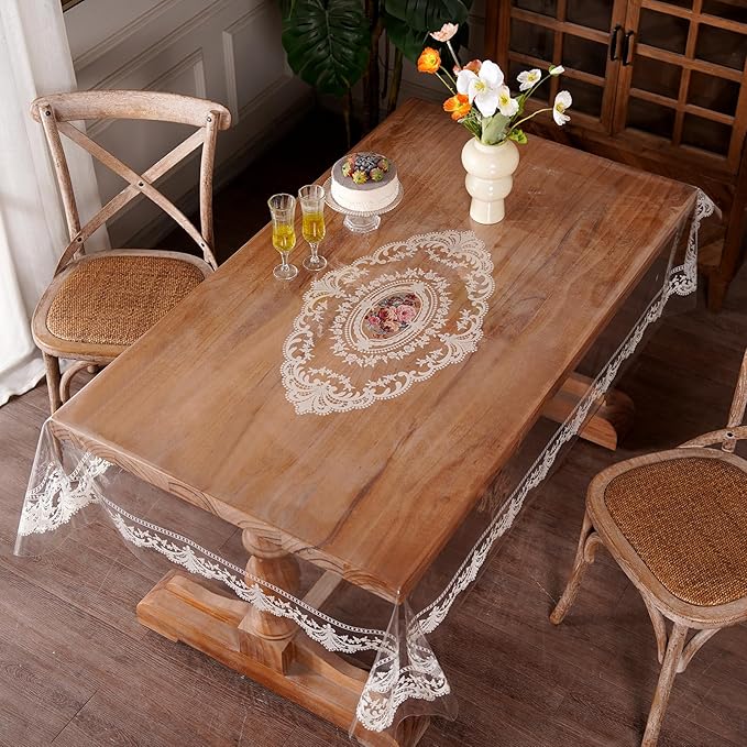 Clear Table Cover Protector Rectangle Vinyl Table Cloth Waterproof Oil Spill Proof Wipe Clean Lace Plastic Tablecloths for Dining Tables (French Lace, 60 x 104 Inches)