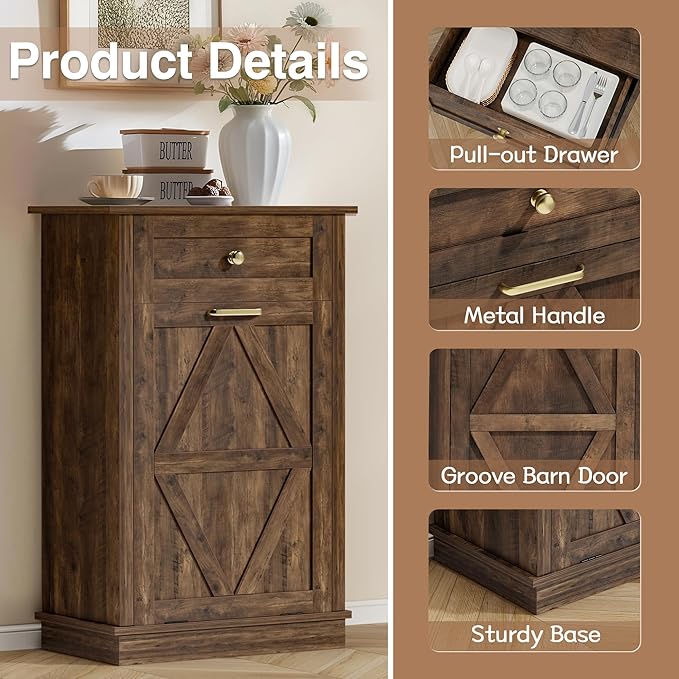 JUMMICO Tilt-Out Trash Can Cabinet, 10 Gallon Laundry Hamper Cabinets with Drawers, for Kitchen, Dining Room and Living Room (Brown, 2 Piece)