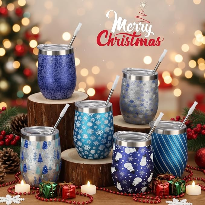 Sliner 6 Pack Pack Christmas Glitter Tumbler Bulk, 12 oz Holiday Wine Tumbler Set Stainless Steel Insulated Sparkling Glitter Cup with Lids Straws and Brushes Travel Mug Xmas Gift (Snowflake Style)